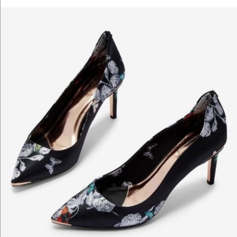 Ted Baker Floral Butterfly Heels – Black Satin – Worn Once - Women's 11